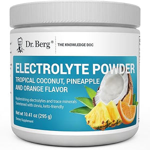 Suplemento de electrolitos cetogénicos en polvo sin azúcar del Dr. Berg, mejorado con 1000 mg de potasio y sal rosa del Himalaya real (NO sal de mesa), bebida tropical de coco, piña y naranja, 50 porciones ln25