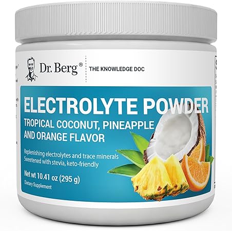 Suplemento de electrolitos cetogénicos en polvo sin azúcar del Dr. Berg, mejorado con 1000 mg de potasio y sal rosa del Himalaya real (NO sal de mesa), bebida tropical de coco, piña y naranja, 50 porciones ln25