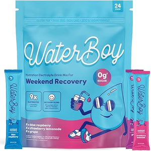 Paquete variado de bebidas Waterboy Weekend Recovery | Paquetes de electrolitos en polvo de 3200 mg | Jengibre + L-teanina + vitaminas | Sin azúcar, totalmente natural, sin gluten | 24 mezclas para bebidas en barra (paquete variado) ln25