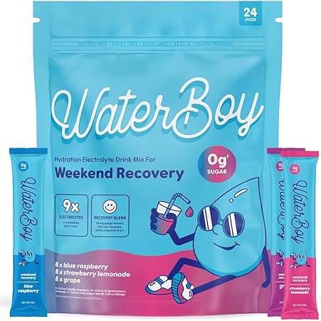Paquete variado de bebidas Waterboy Weekend Recovery | Paquetes de electrolitos en polvo de 3200 mg | Jengibre + L-teanina + vitaminas | Sin azúcar, totalmente natural, sin gluten | 24 mezclas para bebidas en barra (paquete variado) ln25