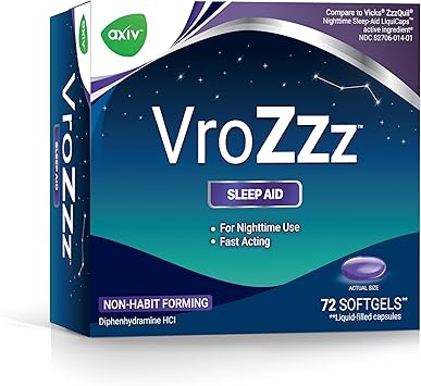 AXIV VrozZZ Sleep Aid Softgels, sin formación de hábito, 25 mg de difenhidramina HCI ln26