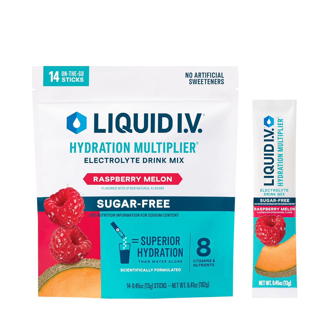 Multiplicador de hidratación Liquid IV® sin azúcar - Frambuesa y melón | Mezcla de bebida en polvo con electrolitos | 1 paquete (14 porciones) a22