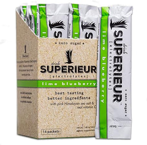 Paquetes de electrolitos en polvo Superieur: suplemento de electrolitos en polvo vegano con minerales marinos, apto para cetosis, sin OGM y sin azúcar, bebida deportiva saludable, sabor a lima y arándanos (14 paquetes) ln25