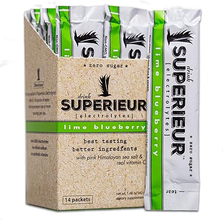 Paquetes de electrolitos en polvo Superieur: suplemento de electrolitos en polvo vegano con minerales marinos, apto para cetosis, sin OGM y sin azúcar, bebida deportiva saludable, sabor a lima y arándanos (14 paquetes) ln25
