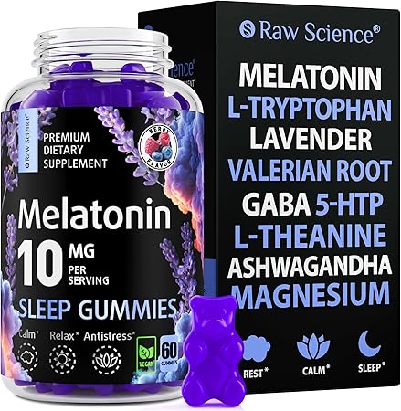 Gomitas de melatonina: suplemento para adultos con melatonina 10 mg, ashwagandha, magnesio, vitamina B6 y calcio: calma, relaja y fortalece: inositol, L-teanina, GABA, 5HTP, melisa, 60 gomitas a23