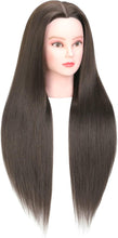 Cargar imagen en el visor de la galería, Cabeza de maniquí de cabello humano con soporte, 30 pulgadas, color marrón oscuro
