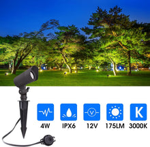 Cargar imagen en el visor de la galería, E ENERGETIC LIGHTING Luces LED de paisaje con conectores, 12 V de bajo voltaje, blanco cálido 3000 K, 4 W, 175 LM, luces de camino de jardín impermeables para exteriores, focos de bandera de árbol con A19
