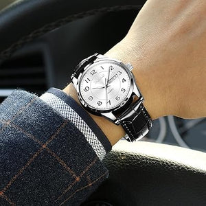 Reloj de cuero negro para hombre, fecha, cuarzo, analógico, a21 diamantes, cara grande, impermeable, regalos para él