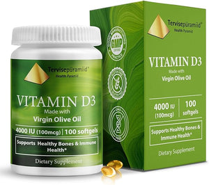 Health Pyramid Vitamina D3 4000 UI Colecalciferol en aceite de oliva Fácil de tragar El mejor suplemento de vitamina D para huesos y apoyo inmunológico Vitamina D3 Softgel a23