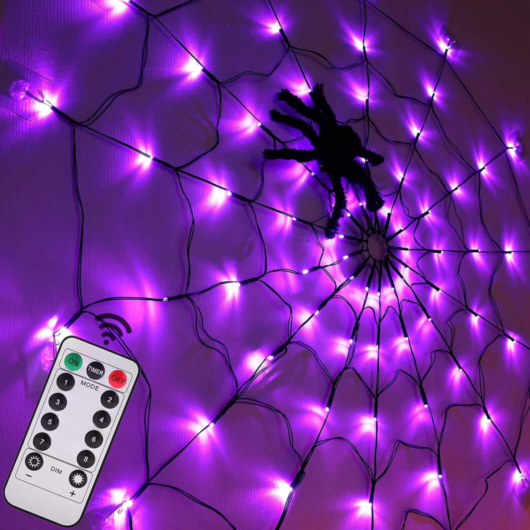 Decoraciones de Halloween Luces de telaraña - 4 pies de diámetro 70 LEDs con araña negra, luces de red impermeables