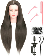 Cargar imagen en el visor de la galería, Cabeza de maniquí de cabello humano con soporte, 30 pulgadas, color marrón oscuro
