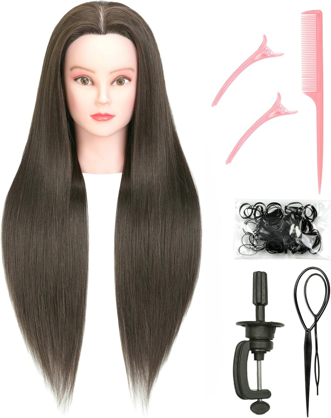 Cabeza de maniquí de cabello humano con soporte, 30 pulgadas, color marrón oscuro