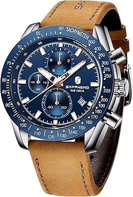 SAPPHERO Relojes para hombre, correa de cuero, movimiento de cuarzo, reloj cronógrafo multifunción, luminoso, resistente al agua, a21 resistente a los arañazos, reloj deportivo casual de negocios de lujo