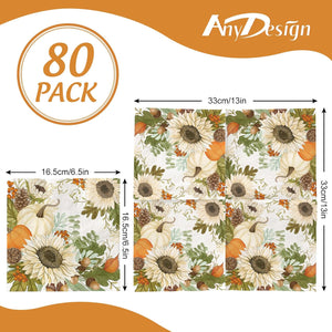 AnyDesign 80 servilletas de papel de otoño, acuarela, calabaza, girasol, almuerzo, servilletas decorativas para  postre de otoño, cena, ln23 servilletas de mano para cosecha de Acción de Gracias, boda,