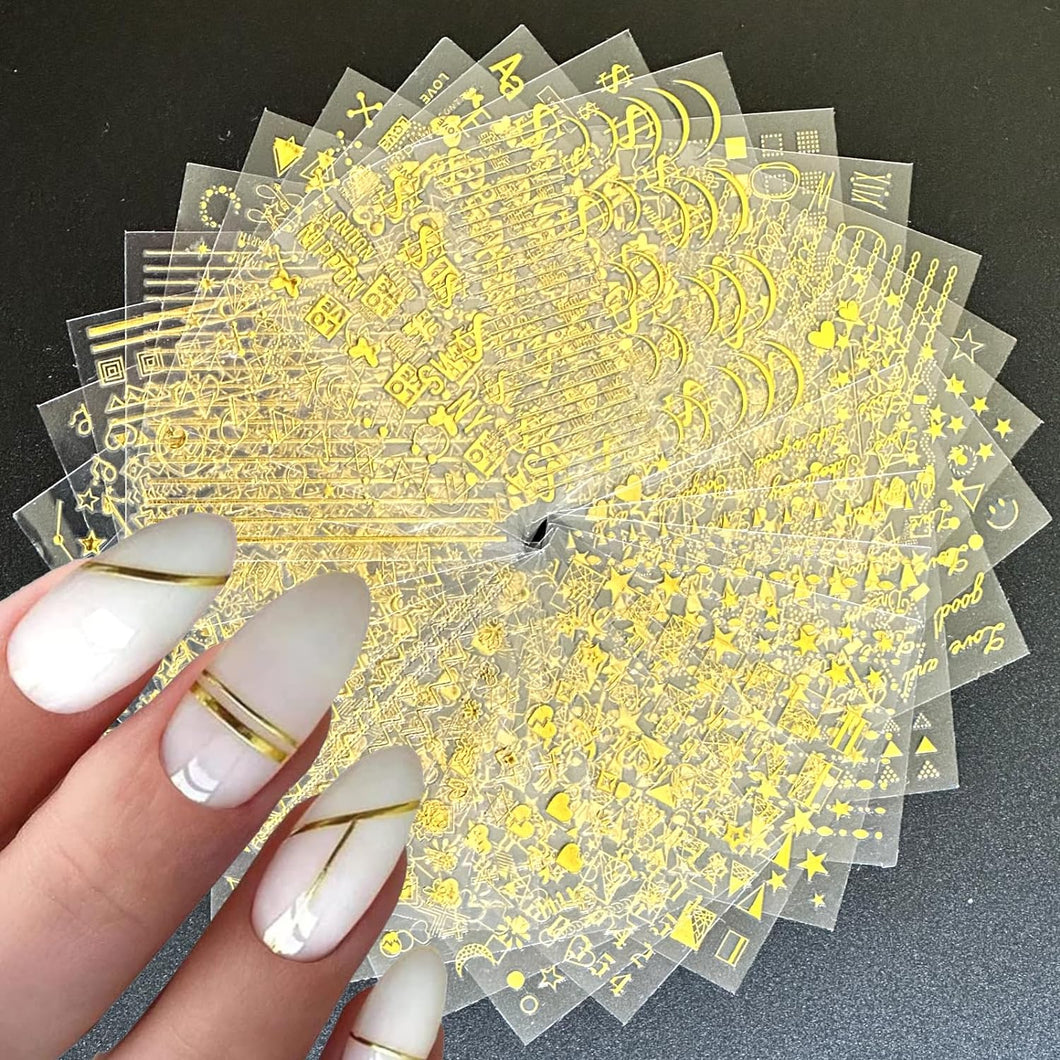 30 hojas de calcomanías doradas para uñas, calcomanías de uñas de línea estrella dorada A24