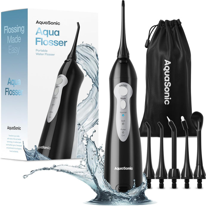 AquaSonic Aqua Flosser - Irrigador bucal recargable inalámbrico para dientes - Irrigador oral portátil ln23 impermeable para limpieza dental con 5 puntas de chorro - Frenos para viajes en casa