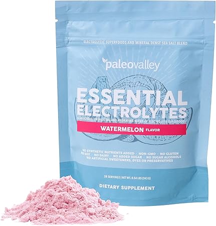 Polvo de electrolitos esenciales Paleovalley: polvo de electrolitos de sandía de espectro completo para hidratación, energía y recuperación muscular, sin azúcar añadido, 28 porciones ln25