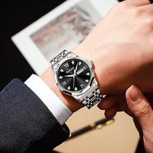 Cargar imagen en el visor de la galería, Reloj de vestir para hombre, reloj de lujo con diamantes impermeable, de cara grande, de acero inoxidable, a la moda, clásico, a21 con fecha de día, dos tonos, plateado, dorado, negro, azul, azul,
