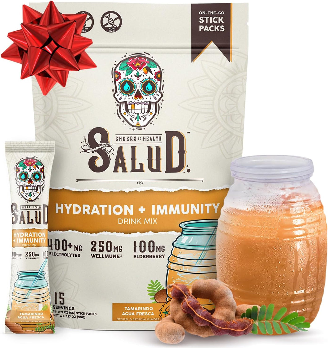Paquetes de hidratación 2 en 1 Salud + polvo de electrolitos para aumentar la inmunidad, mezcla de bebida de tamarindo y agua fresca, baya del saúco, sin lácteos ni soja, sin OGM, sin gluten, vegano, bajo en calorías, 1 g de azúcar (15 porciones) a22