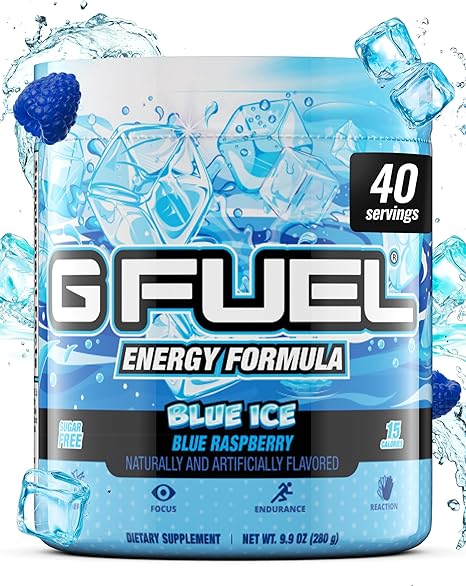 G Fuel Blue Ice Energy Powder, suplemento para la concentración con cafeína limpia y sin azúcar, sabor a frambuesa azul, aminoácidos para la concentración, mezcla de vitaminas y antioxidantes, 9,8 oz (40 porciones) ln25