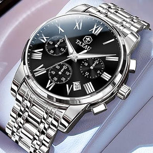 Reloj cronógrafo clásico de acero inoxidable para hombre, con cara grande, fácil de leer, reloj cronógrafo para hombre, reloj analógico de cuarzo, a21  resistente al agua, números romanos, reloj de