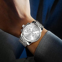 Cargar imagen en el visor de la galería, Relojes de acero inoxidable para hombre, a21 cronógrafo de oro plateado con cara grande, fácil de leer, para hombre, fecha, reloj clásico de cuarzo analógico con número romano, reloj de vestir para
