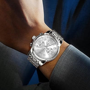 Relojes de acero inoxidable para hombre, a21 cronógrafo de oro plateado con cara grande, fácil de leer, para hombre, fecha, reloj clásico de cuarzo analógico con número romano, reloj de vestir para