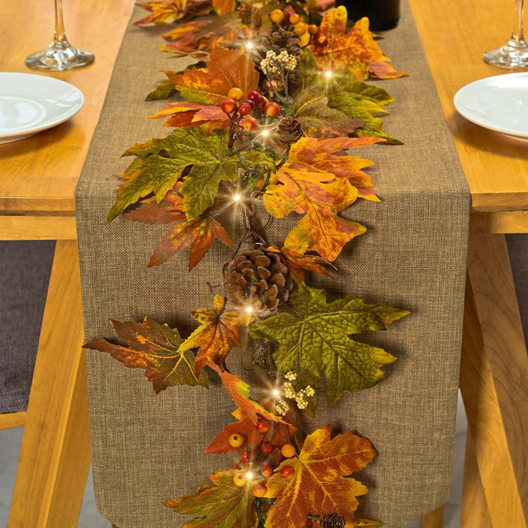 Artgar Guirnalda de hojas de arce de otoño, guirnalda de decoración de otoño de 6 pies con bayas de piña, ln23 guirnalda de decoración de cosecha con 30 luces cálidas para otoño, hogar, chimenea, mesa de