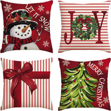 Cargar imagen en el visor de la galería, AVOIN colorlife Merry Christmas Let It Snow Joy - Juego de 4 fundas de almohada rojas, 18 x 18 pulgadas, diseño de rayas con diseño de árbol de Navidad, decoración para sofá, sofá A19
