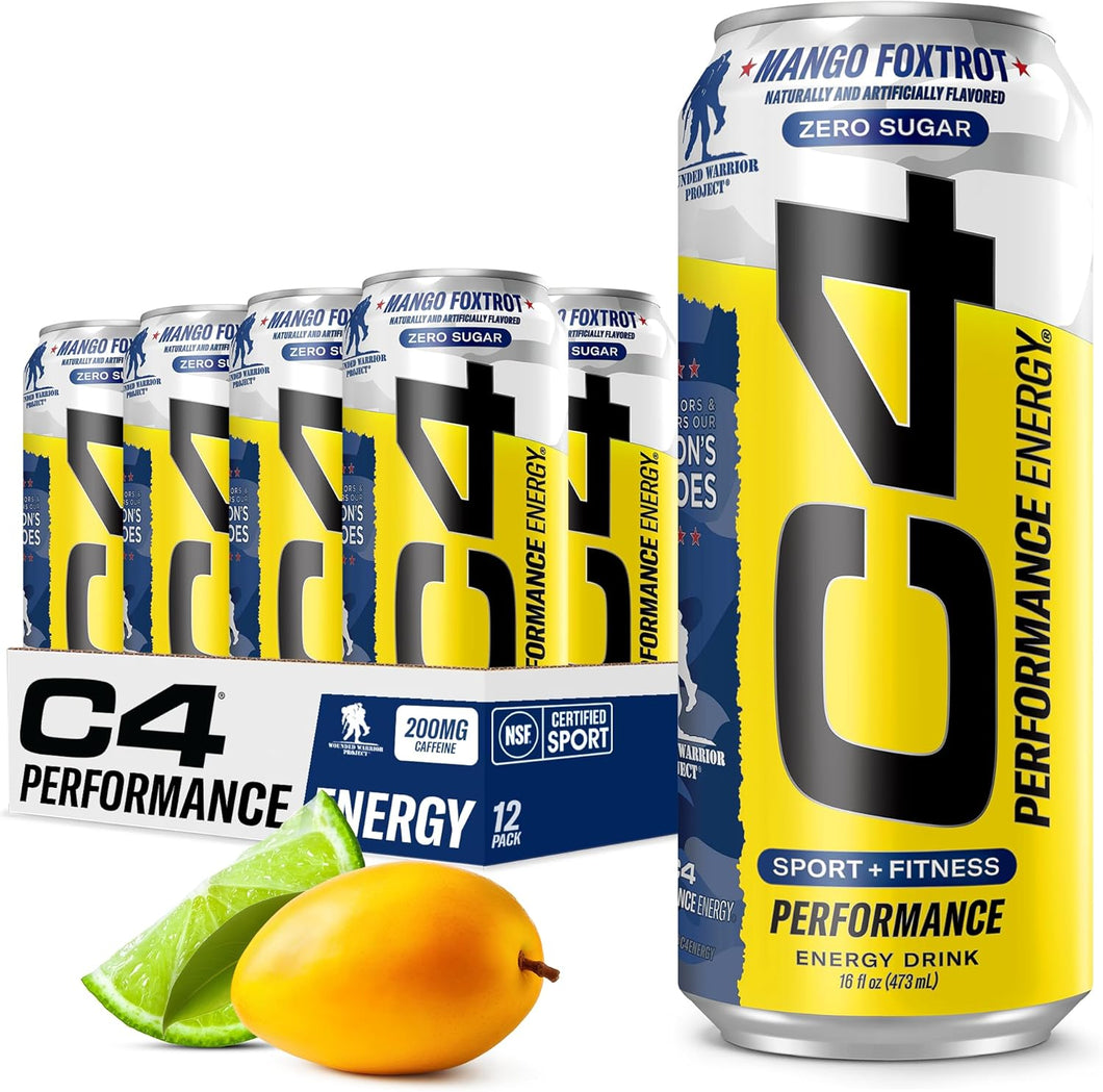 Bebida energética preentrenamiento con gas y cero azúcar | 200 mg de cafeína con beta-alanina | Mango Foxtrot | 16 onzas líquidas (paquete de 12) ln25