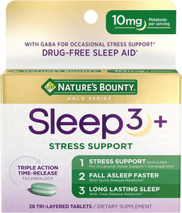 Nature's Bounty Sleep3 - Ayuda para dormir 100% libre de drogas, suplemento dietético con Ashwagandha, tecnología de liberación de tiempo, 10 mg, 28 tabletas de tres capas ln26