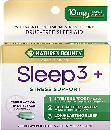 Melatonina de Nature's Bounty para ayudar a combatir el estrés, Sleep3 Maximum Strength, ayuda para dormir 100 % libre de fármacos, suplemento dietético con ashwagandha, a23 10 mg, 28 comprimidos de tres capas