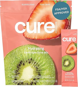 Cure Hydration | Mezcla de bebida de electrolitos a base de plantas | Sin azúcar agregada | FSA y HSA | Polvo para aliviar la deshidratación elaborado con agua de coco | Sin OGM | Vegano | Bolsa de 14 paquetes - Fresa y kiwi ln25