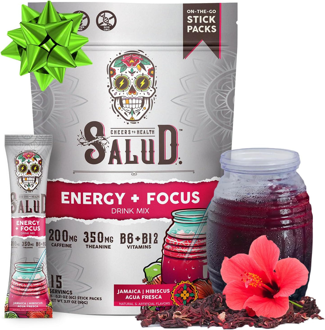 Bebida energética 2 en 1 Salud en polvo + concentrado, hibisco, cafeína orgánica, B6 + B12, teanina, sobres de bebida energética limpia, mezcla de agua fresca de Jamaica, sin OGM, sin gluten, vegana, 1 g de azúcar (15 porciones) A22