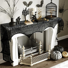 Cargar imagen en el visor de la galería, Decoración de Halloween AerWo Encaje negro Araña Chimenea Repisa Cubierta de bufanda Suministros de fiesta festivos 45 X 243cm 18 x 96 pulgadas
