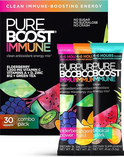 Pureboost Immune Clean Energy Booster, bebida energética refrescante y suplemento inmunológico con baya del saúco, 1200 mg de vitamina C, vitaminas A y D y zinc. Energía sin azúcar (paquete combinado, 30 unidades) a22