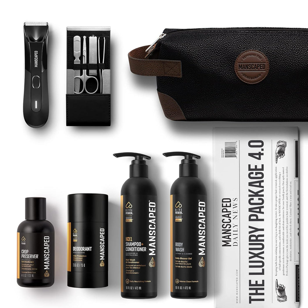 MANSCAPED® El paquete de lujo 4.0 incluye: recortadora eléctrica The Lawn Mower® 4.0, kit de uñas The Shears 2.0, Crop Preserver™, ln23  desodorante, gel de baño, champú y acondicionador 2 en 1, bolsa de