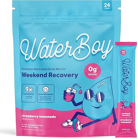 Waterboy Weekend Recovery | Paquetes de electrolitos en polvo de 3200 mg | Jengibre + L-teanina + vitaminas | Sin azúcar, totalmente natural, sin gluten | 24 mezclas para bebidas en barra (limonada de fresa) a22