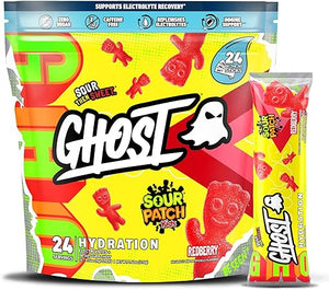 Paquetes de hidratación GHOST, Sour Patch Kids Redberry, 24 sobres, polvo de electrolitos, suplemento de bebida con magnesio, potasio, calcio y vitamina C, vegano, sin soja, azúcar ni gluten ln25
