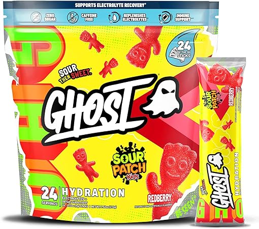 Paquetes de hidratación GHOST, Sour Patch Kids Redberry, 24 sobres, polvo de electrolitos, suplemento de bebida con magnesio, potasio, calcio y vitamina C, vegano, sin soja, azúcar ni gluten ln25