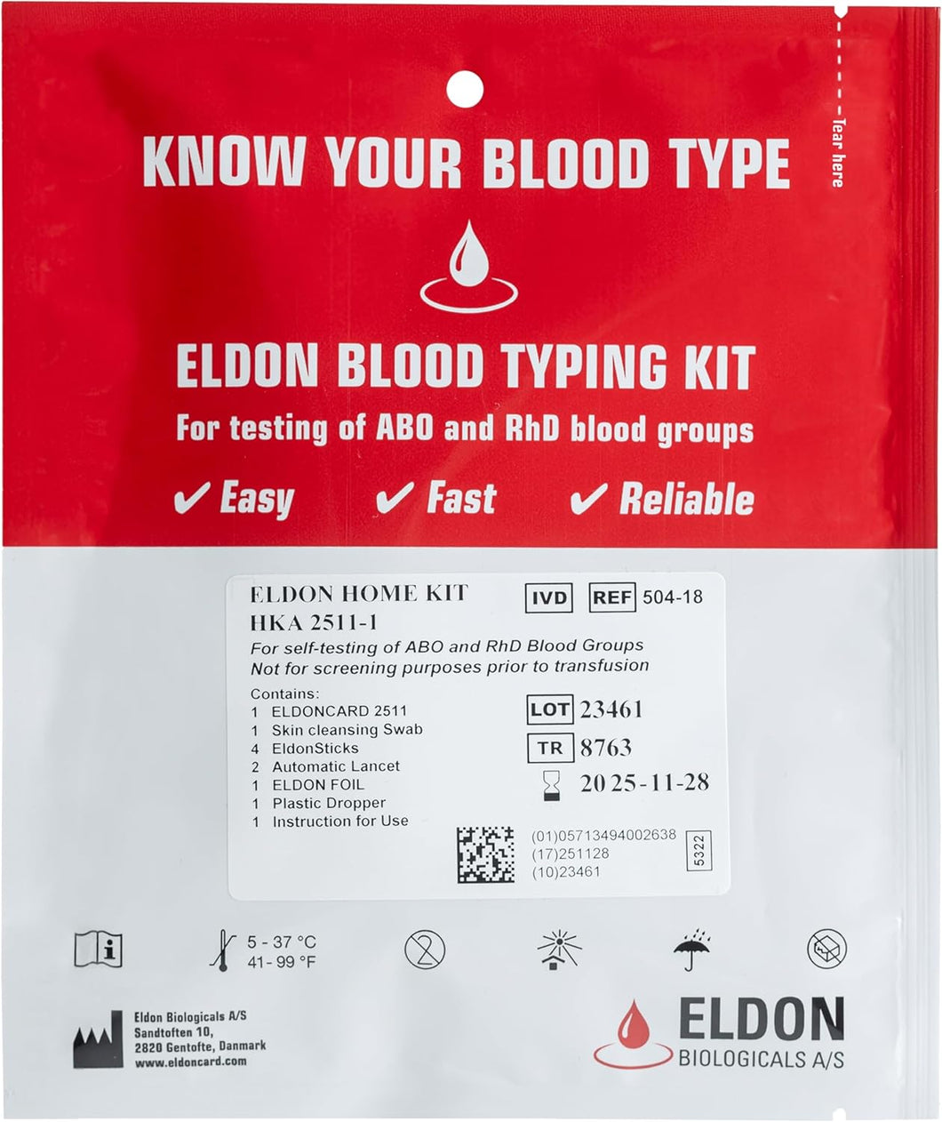 Prueba de tipo de sangre (kit completo), sobre sellado A24