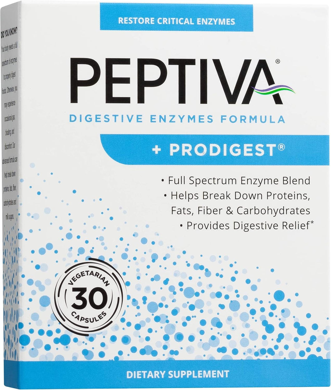 Peptiva Suplemento de enzimas digestivas + ProDigest - Ayuda con la hinchazón, gases, estreñimiento - 30 unidades ln26