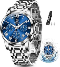 Cargar imagen en el visor de la galería, Reloj cronógrafo clásico de acero inoxidable para hombre, con cara grande, fácil de leer, reloj cronógrafo para hombre, a21 reloj analógico de cuarzo, resistente al agua, números romanos, reloj de
