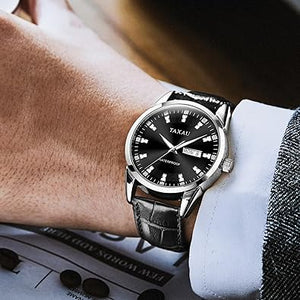 Relojes para hombre de vestir de negocios Reloj para hombre con caja de acero inoxidable plateado luminoso de lujo analógico de cuarzo con cuero negro impermeable a21  fecha fecha casual reloj para
