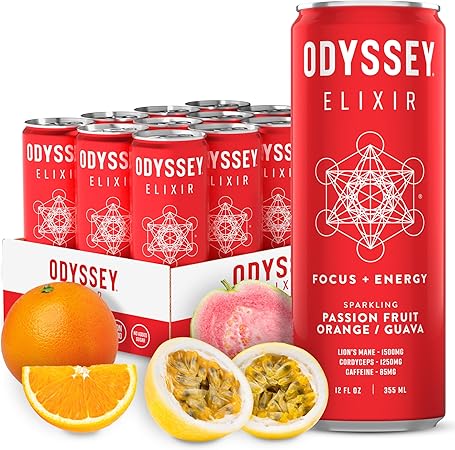 Bebida adaptogénica espumosa Odyssey Elixir, bebidas bajas en calorías, L-teanina, melena de león, cordyceps y cafeína de té verde para energía y concentración, sin OGM, vegana, maracuyá, naranja y guayaba, 12 onzas líquidas, paquete de 12 ln25