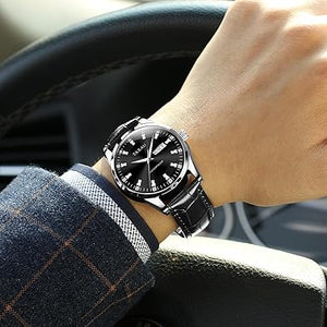 Relojes para hombre de vestir de negocios Reloj para hombre con caja de acero inoxidable plateado luminoso de lujo analógico de cuarzo con cuero negro impermeable a21  fecha fecha casual reloj para