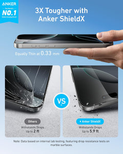 Anker Protector de pantalla HD de fácil ajuste, para iPhone 16 Pro Max, ultraduradero y fino, protección ShieldX, a19 sin polvo ni huellas dactilares, con cobertura extendida, instalación rápida y fácil