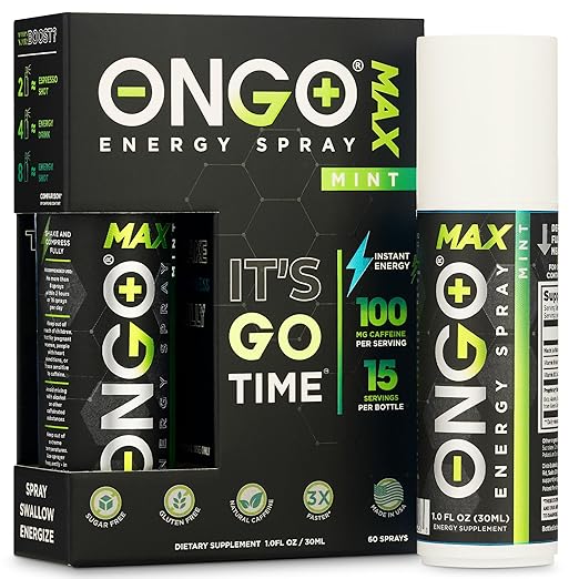 OnGo Energy Spray MAX: 100 mg de cafeína natural por porción, energía de acción rápida con B3, B6, B12 y taurina, sin azúcar ni gluten, 15 porciones, sabor a menta, fabricado en EE. UU. ln25
