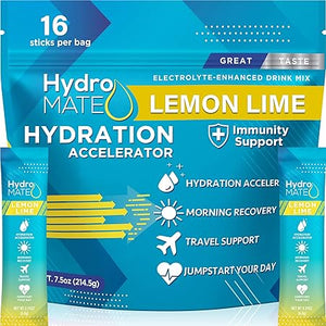 Paquetes de electrolitos en polvo HydroMATE, acelerador de hidratación con bajo contenido de azúcar y limón, mezcla de bebida con electrolitos, obsequios de fiesta para un rápido alivio de la deshidratación líquida con vitamina C, 16 barritas ln25