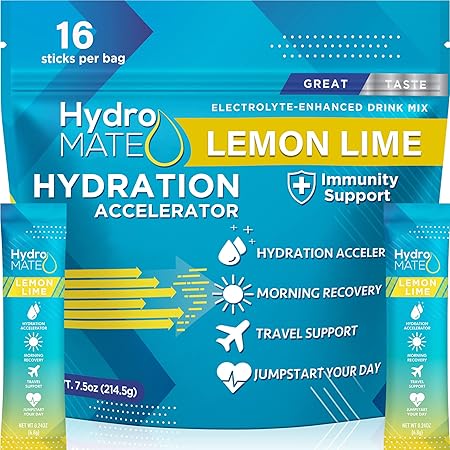 Paquetes de electrolitos en polvo HydroMATE, acelerador de hidratación con bajo contenido de azúcar y limón, mezcla de bebida con electrolitos, obsequios de fiesta para un rápido alivio de la deshidratación líquida con vitamina C, 16 barritas ln25